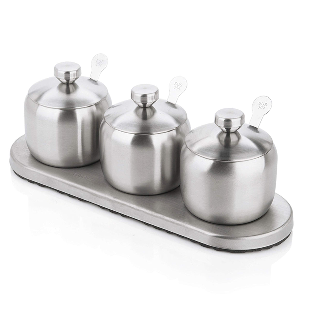 TENTA KITCHEN TENT 18/8 Stainless Steel Seasoning Containers Set Spice Jar Spice Rack Condiment Cruet Bottle Salt Pepper Sugar Storage Organizers with 3 Serving Spoons And Non-slip Base