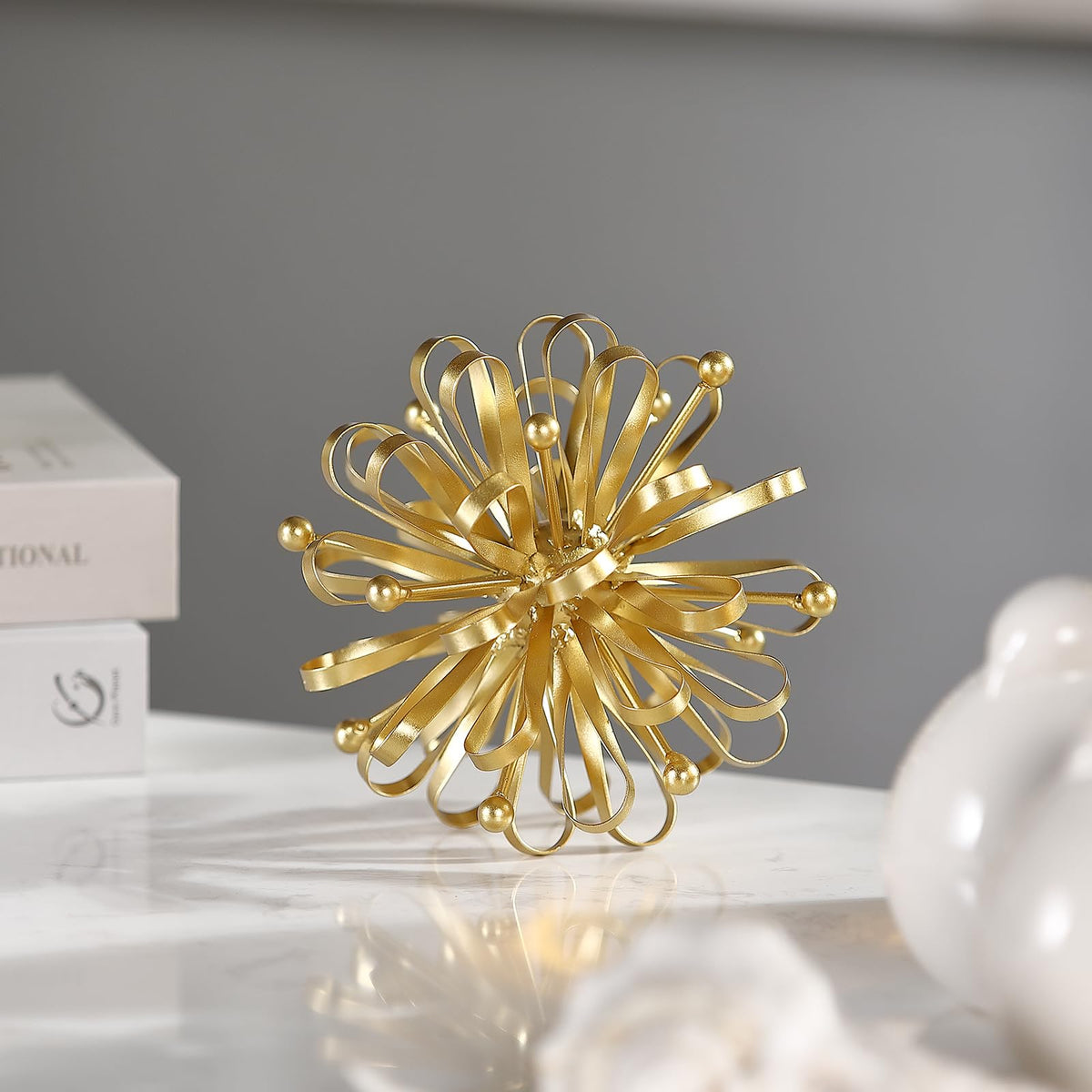 Retrome 6.7" Decorative Metal Starburst Tabletop Shelf Sculpture Accent, Gold Modern Table Decor, Looped Ribbon & Beads Edges Detailed