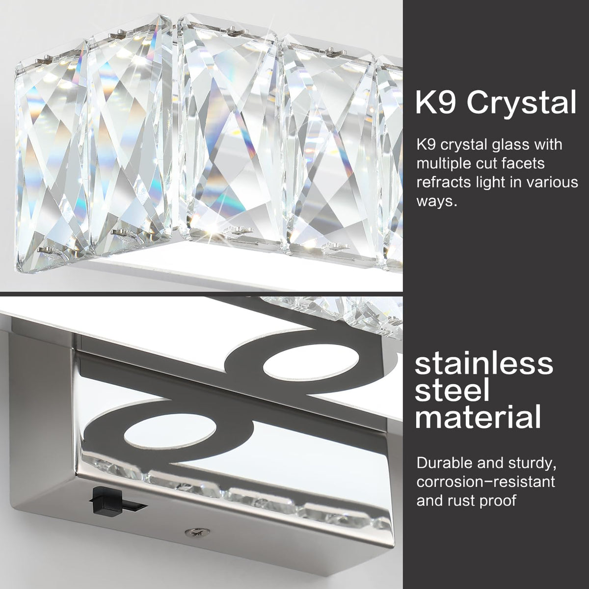 SOLFART Crystal Bathroom Lighting Fixtures Over Mirror, 24 Inch Chrome LED Vanity Light, 5 Color Adjustable 5CCT
