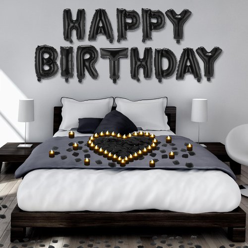 Charnoel Black Happy Birthday Balloons Decorations Happy Birthday Letter Balloons Banner Set with 24pcs Round Flameless LED Candles and 2000pcs Artificial Rose Petals for Women Men Room Party Decor