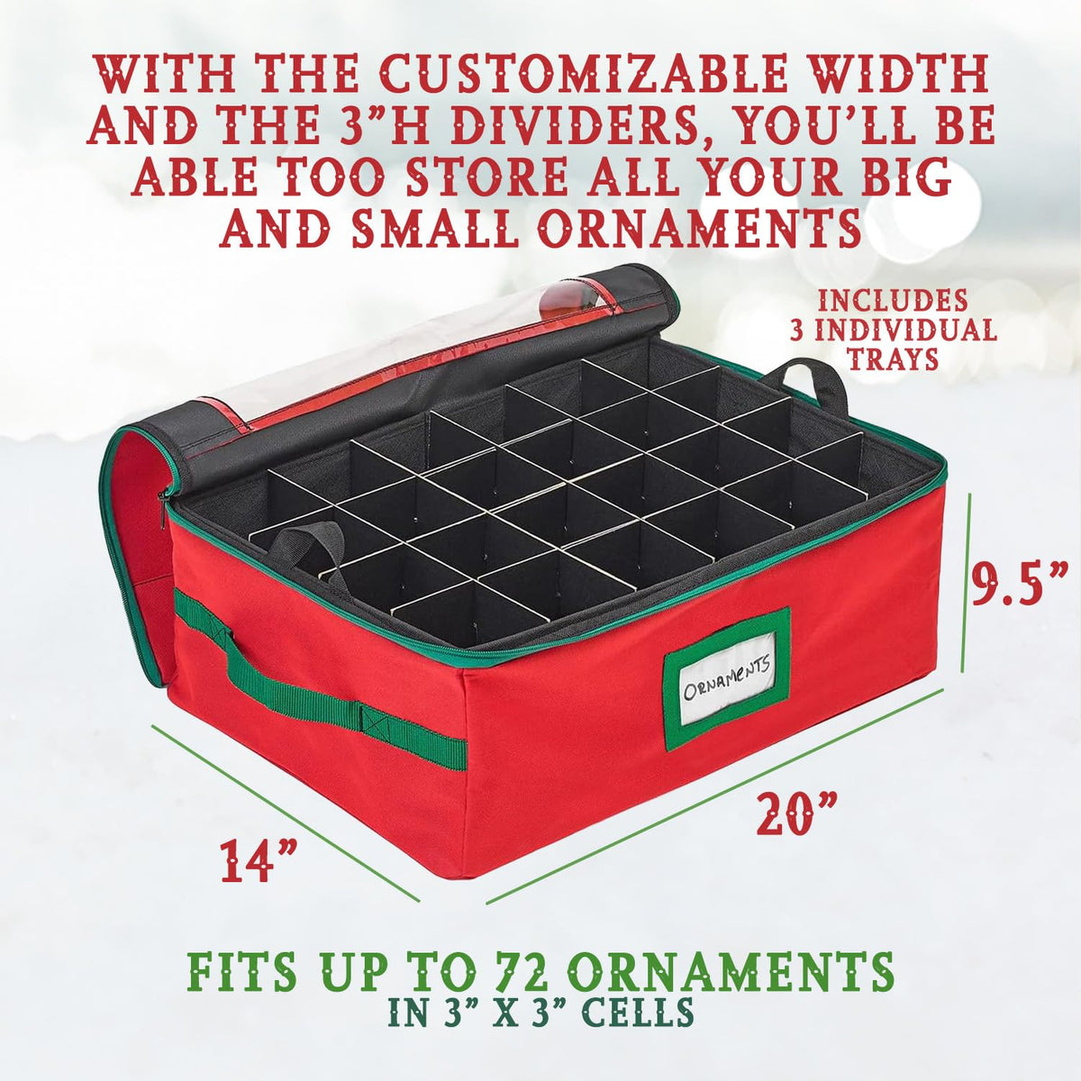 HOLDN’ STORAGE Christmas Ornament Storage Box with Dividers - Fits 72-3” Ornaments, 3 Removable Trays, Durable & Space-Saving, Clear Top Lid, Convenient Storage Designed, Red