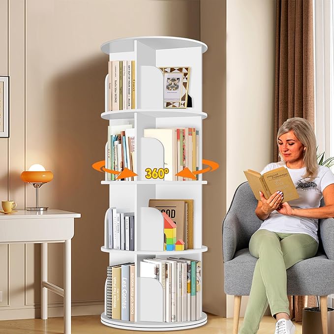 RUNSUNSPRI 4 Tier Rotating Bookshelf Tower, Spinning Bookshelf, Revolving 360°