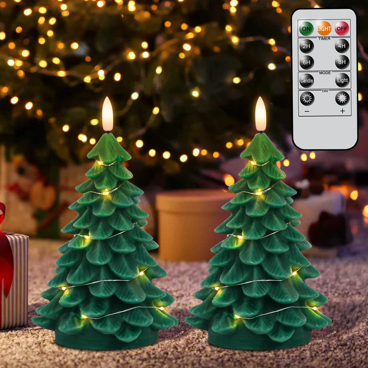 Wondise Christmas Tree Flameless Candles with String Lights 11-Key Remote and Timer, Real Wax Battery Operated 3D Wick LED Flickering Candles for Christmas Holiday Indoor Dinner Decor(3" x 7.1")