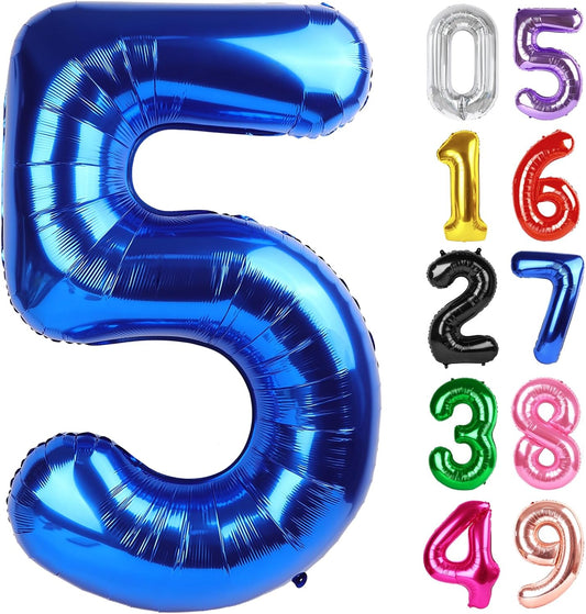 Metallic Blue Number 5 Balloon - 40 Inch Giant Foil Balloon for 5th Birthday Party Decorations