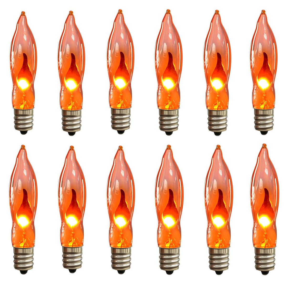 Orange Flickering Flame Light Bulbs with E12 Base, 12 Pack C18 Christmas Light Bulb 1W, Candelabra Night Light Bulbs for Christmas String Light ,Electric Window Candle Light,Halloween Chandelier