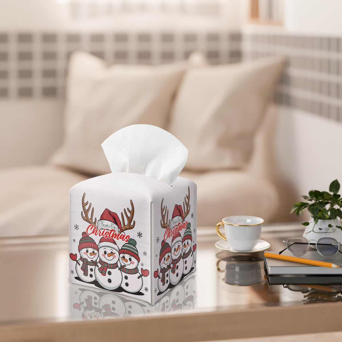 Christmas Snowman Tissue Box Holder, First Christmas as A Family of Three Leather Tissue Box Cover Square, Paper Facial Decorative Tissues Cover for Night Stands Bathroom Office Home Decor-B02