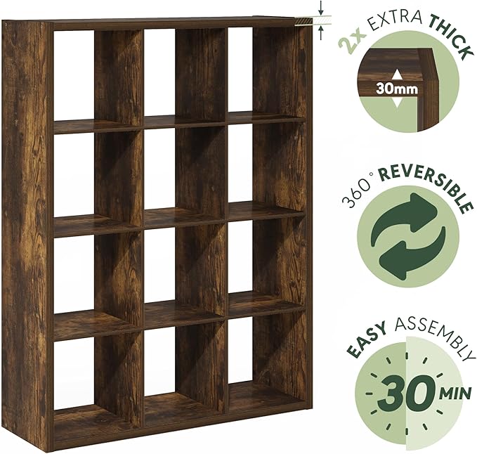 Furinno Cubicle Book Shelf, 12-Cube Bookshelf, Extra Thick Frame Reversible
