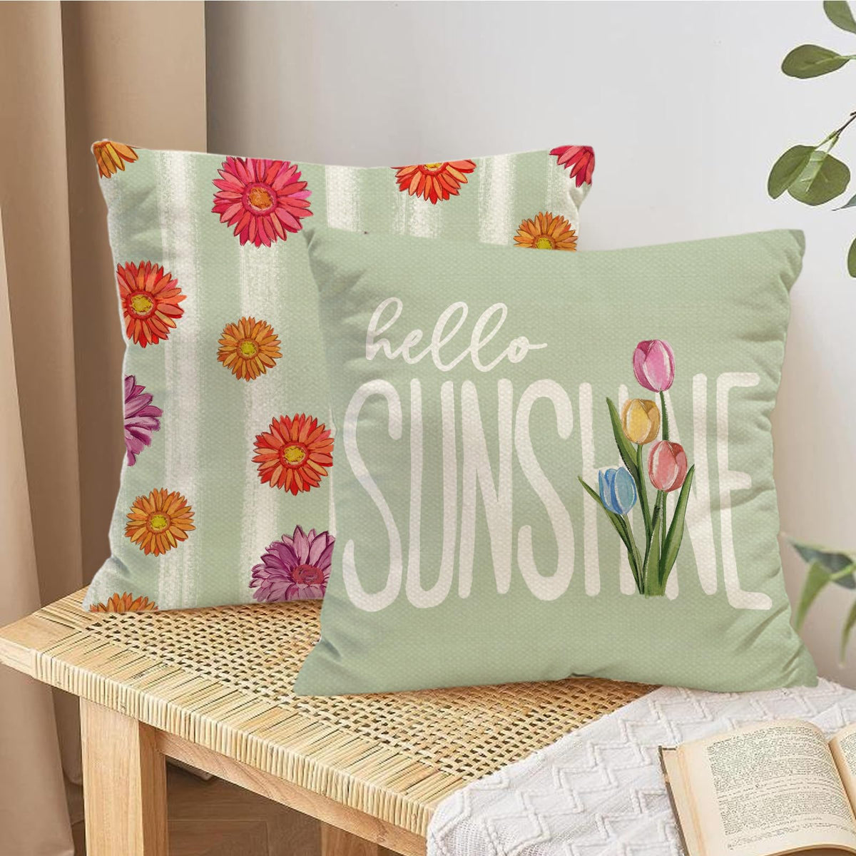 Tikeciti Spring Summer Vibrant Daisies Pillow Covers Blooming Wildflower Vase 18 x 18 Inch Throw Pillows, Hello Sunshine Seasonal Decorative Farmhouse Cushion Case for Sofa Couch Set of 4