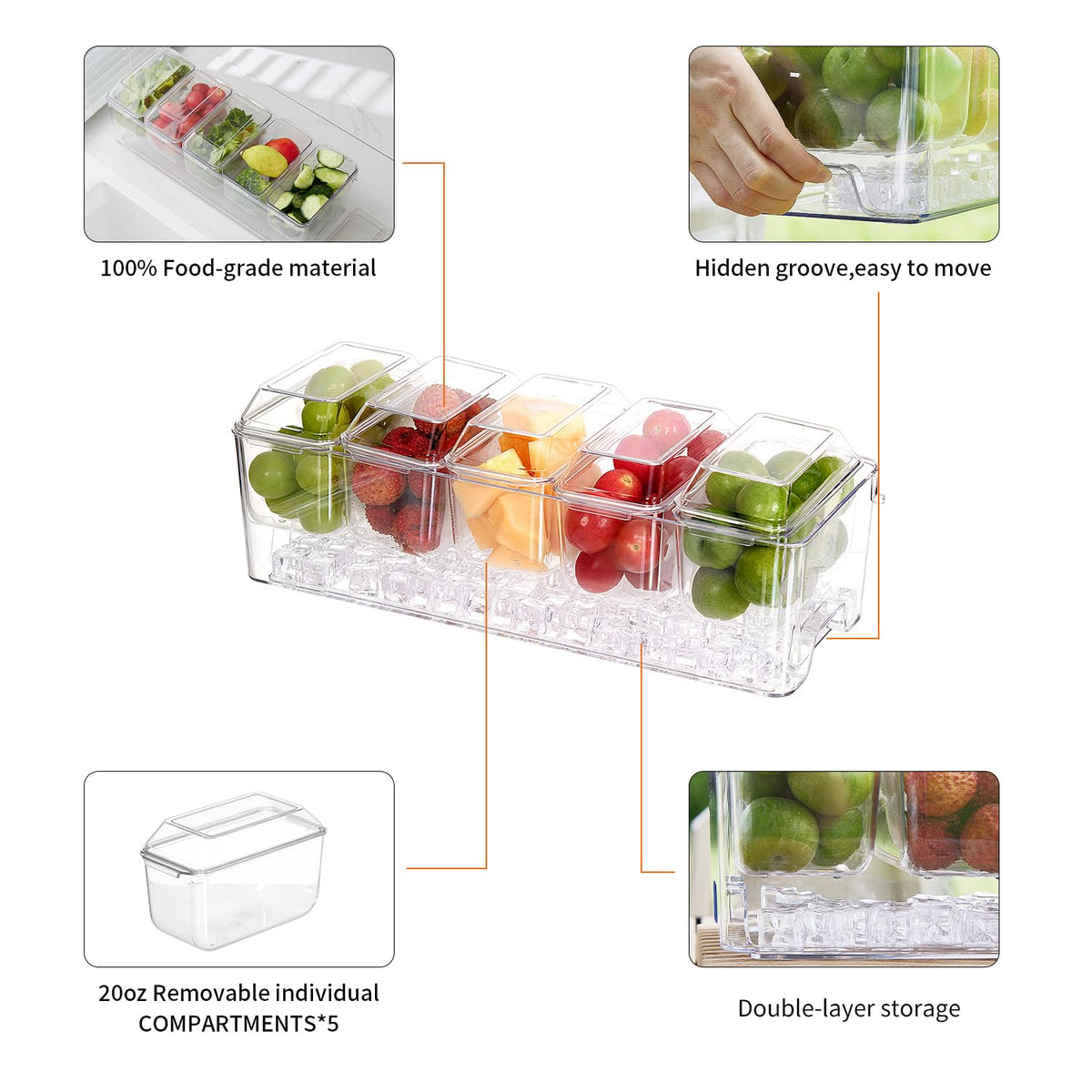 Chilled Condiment Server，Taco Bar Serving Set for Party，15.3" Condiment Serving Platters with 5 Separate Lids and Removable Compartments, Set of 5 Serving Spoons & 2 Clips (5 Containers, 1 pack)