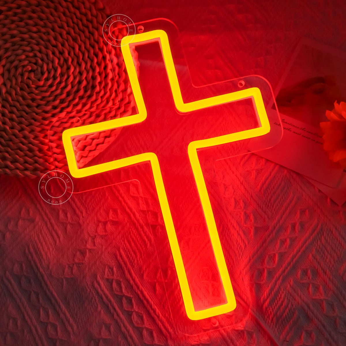 SYLHOME Cross Led Neon Light Sign Kids Bedroom Nursery Wall Sign Decor Christening Baby Shower Wedding Birthday Christmas Party Backdrop 11.8" X 8.66" USB Red