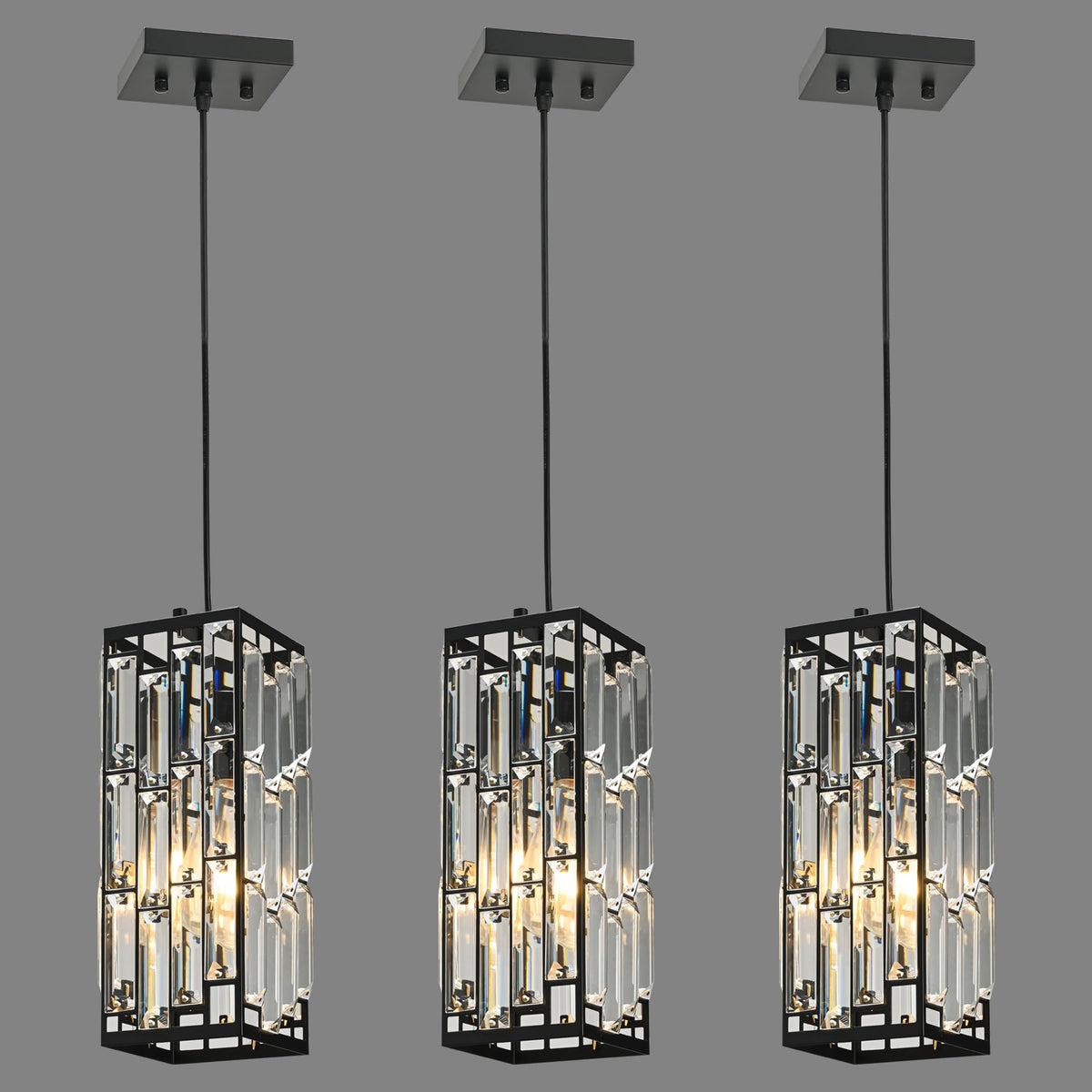 XLHYTF Black Hanging Kitchen Island Modern Concise Crystal Pendant Light Fixture, Adjustable Mini Crystal Pendant Lights Kitchen Island for Kitchen, Dining Room, and Bedroom (3 Pack)