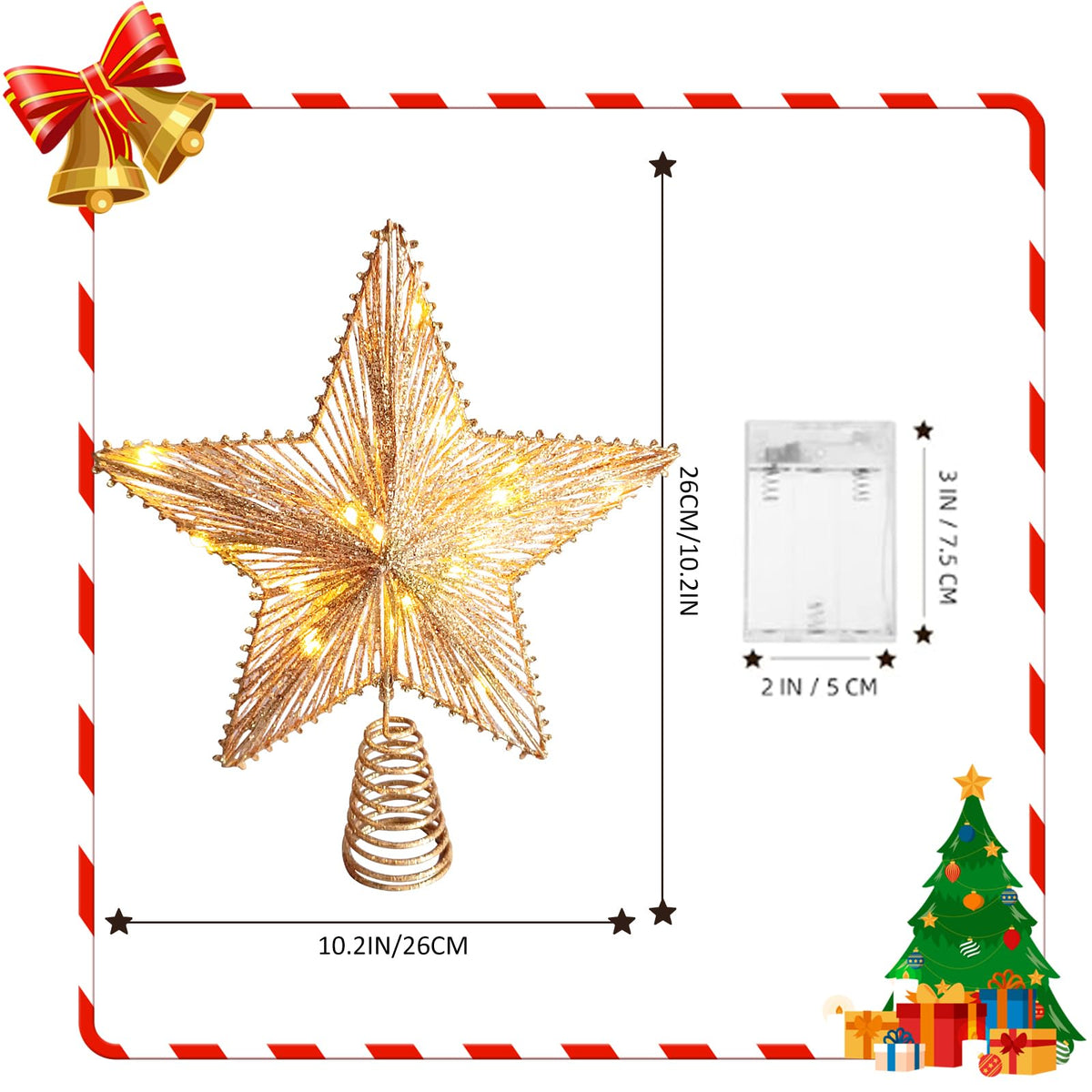 Christmas Tree Topper 10" Golden Glittered Star Tree Topper with 30 LED Lights Xmas Tree Topper Star for Xmas Decorations Ornaments Holiday Party Indoor Decor