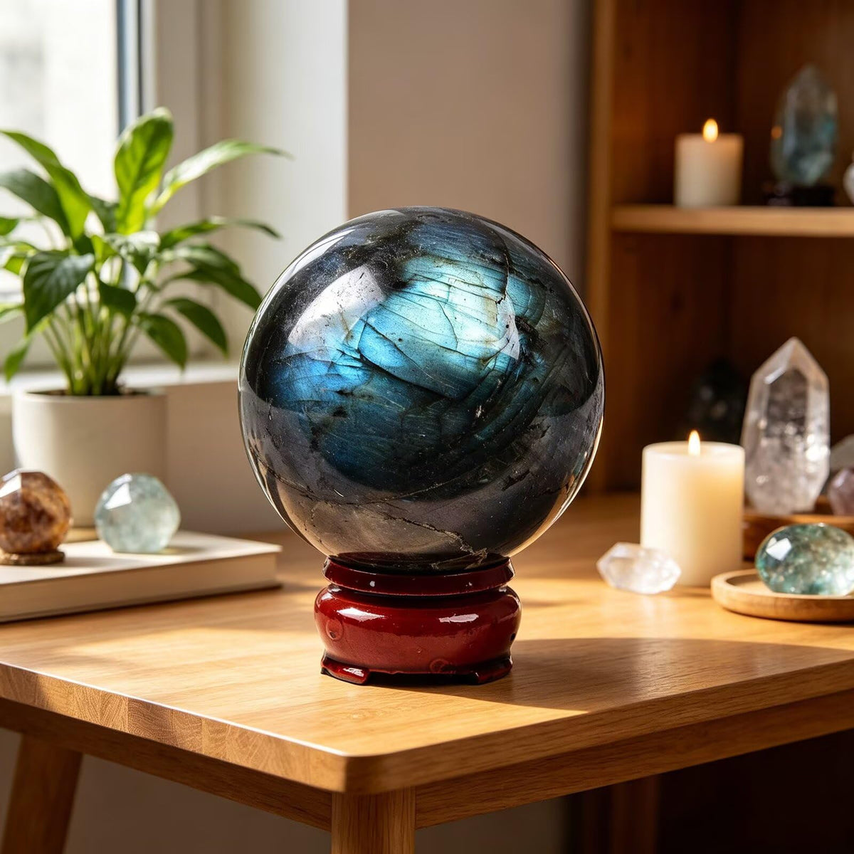 VIZYTOU Natural Blue Labradorite Stone Sphere Polished Rock Ball Healing Crystal Sphere with Stand for Reiki Meditation Home Decor Chakra Balancing Witchcraft 60-70MM/2.3-2.7"