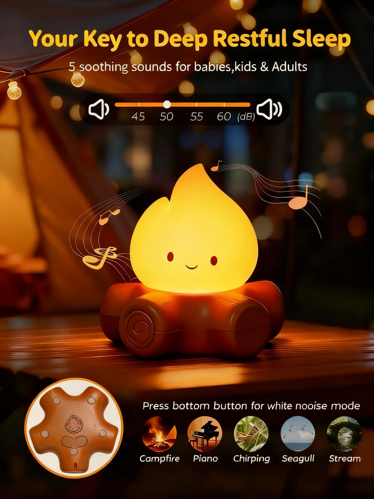 Tarinks 3 Pcs Campfire Night Light, Rechargeable Flame Lamp with 5 White Noise, Dimmable Flameless Candles Lights, Portable LED Ambiance Light for Camping Indoor Outdoor Holiday Decor Gifts