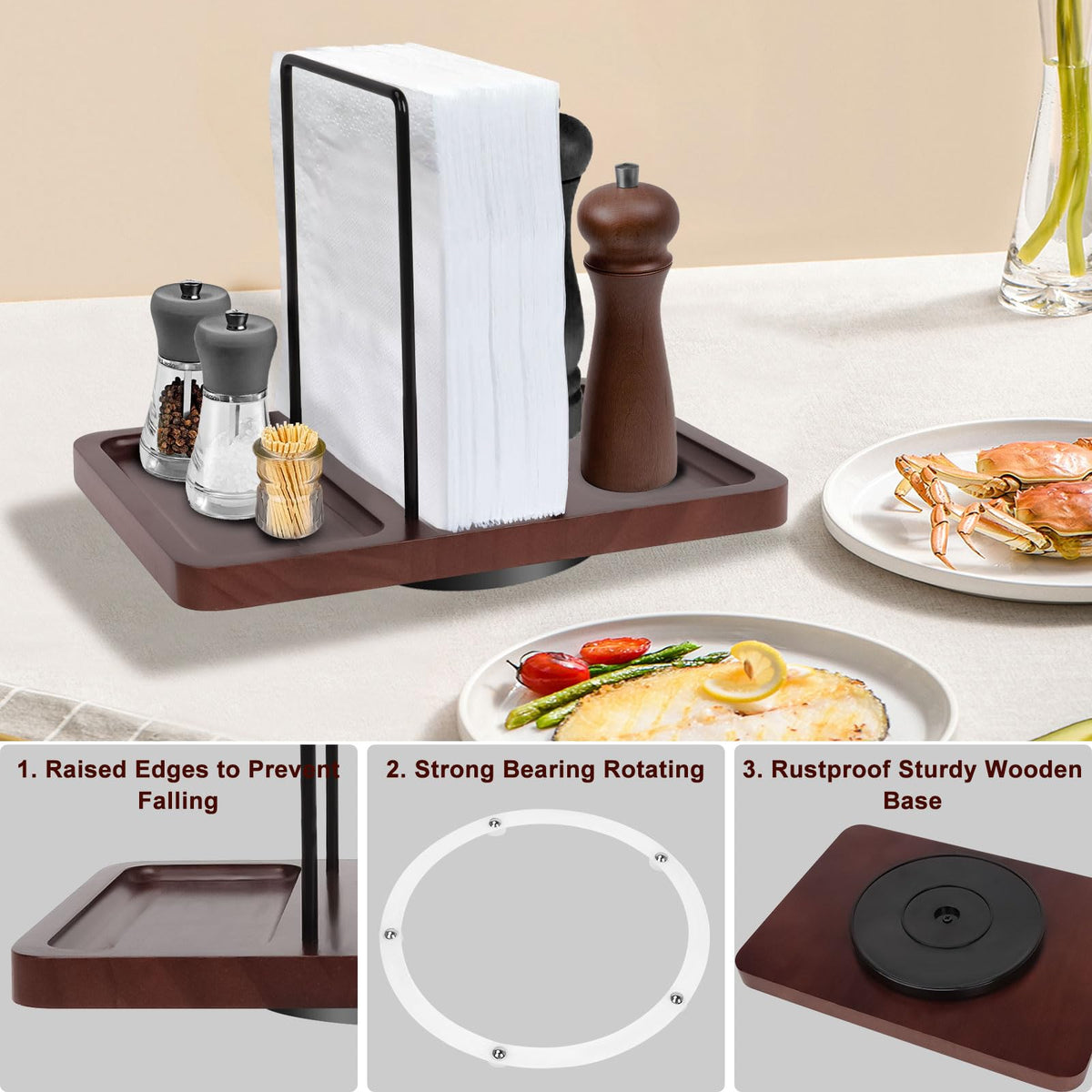 2 in 1 Napkin Holder for Table, Rotating Metal Napkin Dispenser with Salt and Pepper Shakers Caddy Standing Paper Towel Holder for Kitchen Dinner Table and Picnic Decors,Not Including Shakers