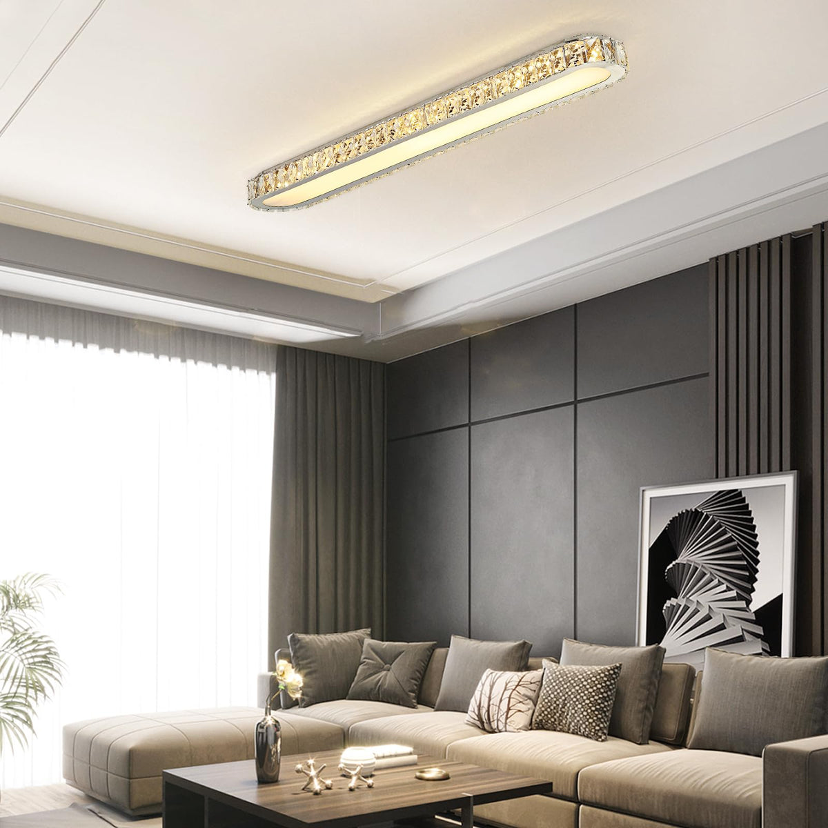 Qcyuui Dimmable LED Ceiling Light 39.4'' Kitchen Lighting Fixtures Ceiling Modern Luxury Crystal Ceiling Light with Remote Chrome Long Ceiling Light Fixture for Kitchen Dining Room Hallway,48W