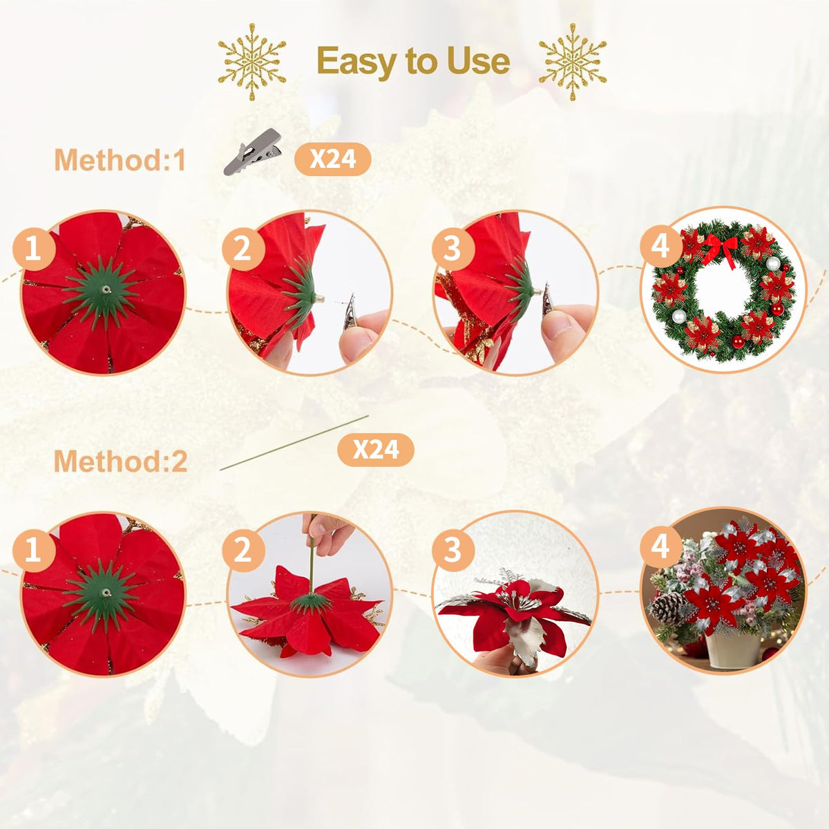 Christmas Tree Decorations 6“ Glitter Poinsettia Flowers - 24 Pcs Christmas Artificial Flowers for Tree Ornaments with Clips, Festive Decorations for Wreath, Mantel & Home Christmas Decor, Sliver