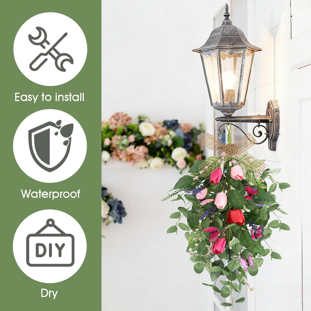 4 PCS Tulip Teardrop Swag 22" Spring Wreaths for Front Door with Purple Tassels Eucalyptus Leaves Ferns Butterflies for Indoor Outdoor Wall Festival Home Farmhouse Wedding Decor