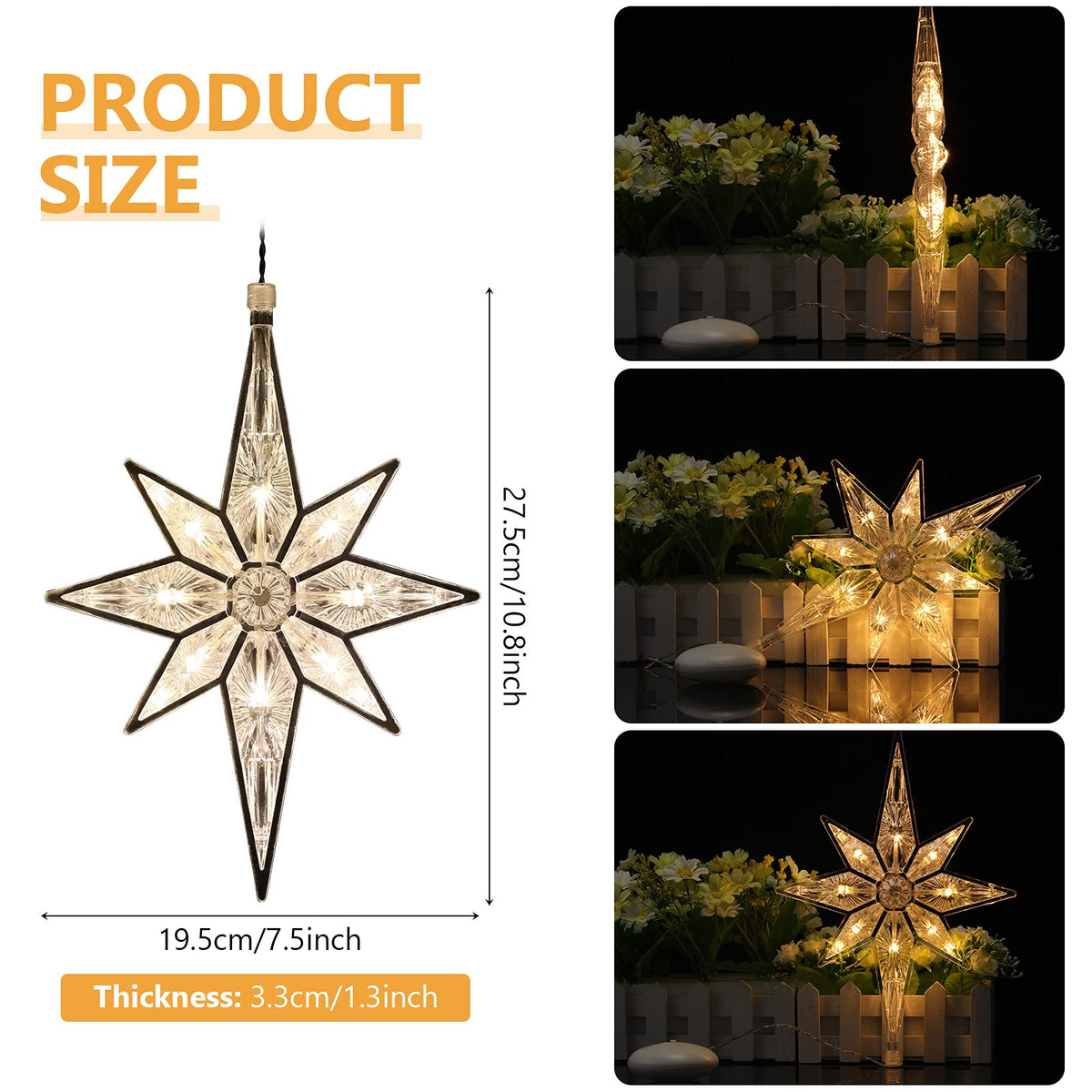 Mudder 10.8 Inch Christmas Window Star Lights Large Hanging Bethlehem Star Tree Topper Decoration Christmas LED Window Lights Silhouette Decoration (Warm White,1 Piece)