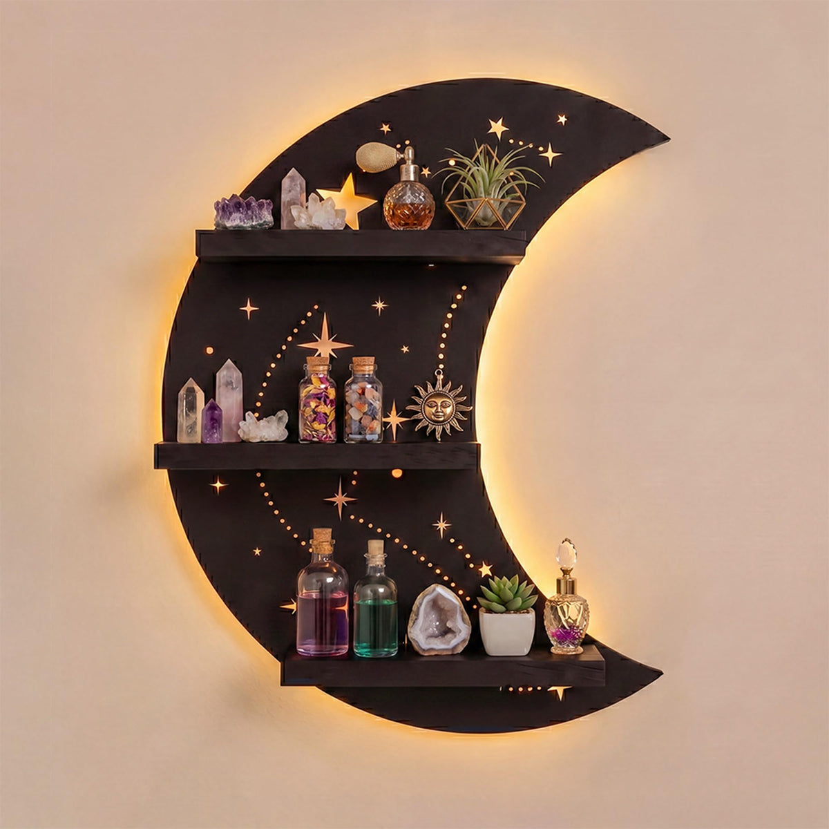 FNYDOX Crescent Moon Shelf with LED Light, Trinket Shelf & Moon Wall Light for Rocks Gems Healing Stones Crystals Display Shelf, Celestial Decor Crystal Holder Witchy Wall Decor
