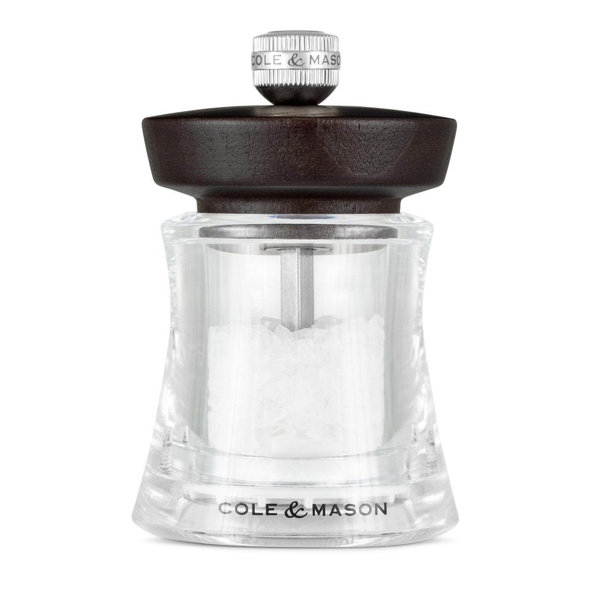 Cole & Mason Holborn Acrylic Salt Mill - Compact Hand Grinder - Acrylic Kitchen Tool with Adjustable Grind Setting - Easy-to-Clean Grinder with Premium Design - Chocolate Salt Mill, 3.75"