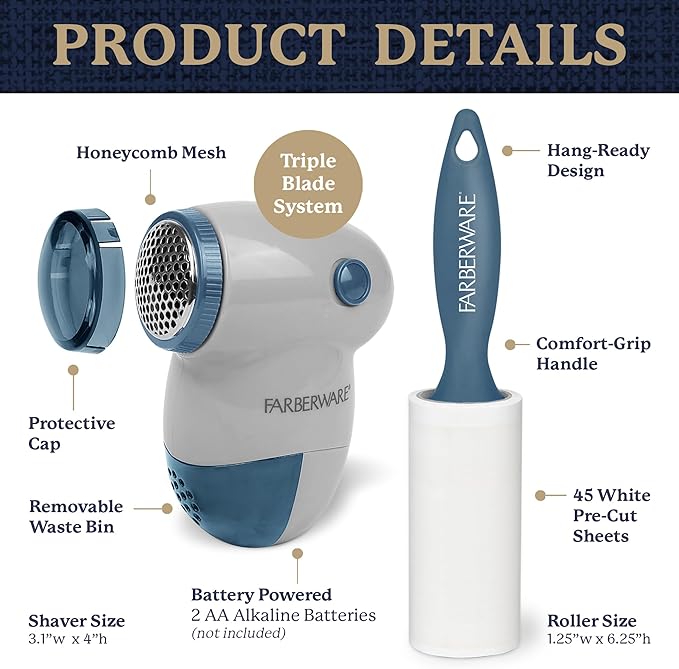 Farberware Fabric Shaver & Lint Remover Set–Battery Operated Sweater Shaver