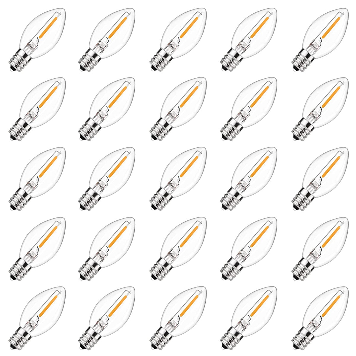 25 Pack C7 Led Replacement Christmas Light Bulb, 0.6W C7 Clear LED Replacement Lights Bulbs for Christmas Outdoor String Lights Window Candles, E12 Candelabra Base Night Light Bulbs, Warm White