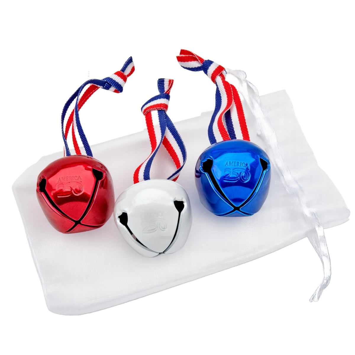 Bevin Bells Believe Sleigh Bells Ornament | America’s 250th Anniversary (3-Pack) | 1.5" Steel Jingle Bells in Red, White & Blue with Tricolor Ribbon & White Drawstring Bag | Gift Ideas | Made in USA
