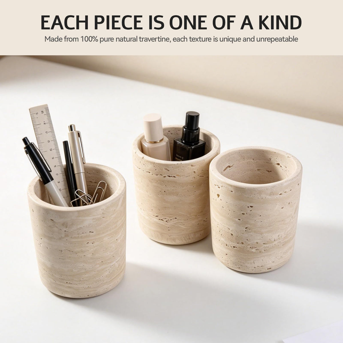 Erongoo Travertine Pen Holder, Natural Travertine Toothbrush Holder Pencil Cup Organizer for Desk,Premium True Marble Desk Accessories for Home Office,Bathroom and Kitchen