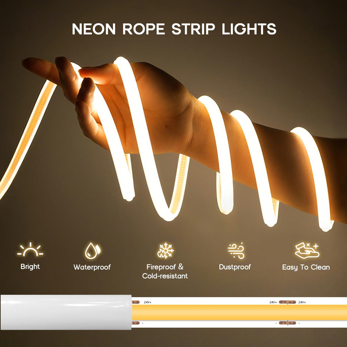 VOEWT LED Neon Lights Warm White 3000K,16.4ft 110-120V LED Strip Lights,Flexible Outdoor Waterproof Neon Rope Lights for Bedroom,Cabinet,Kitchen,Living Room,Mirror,Halloween Decor