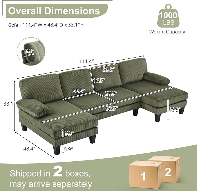 Karl home U-Shape Sectional Sofa Couch 111" Modern 4-Seat Sofa
