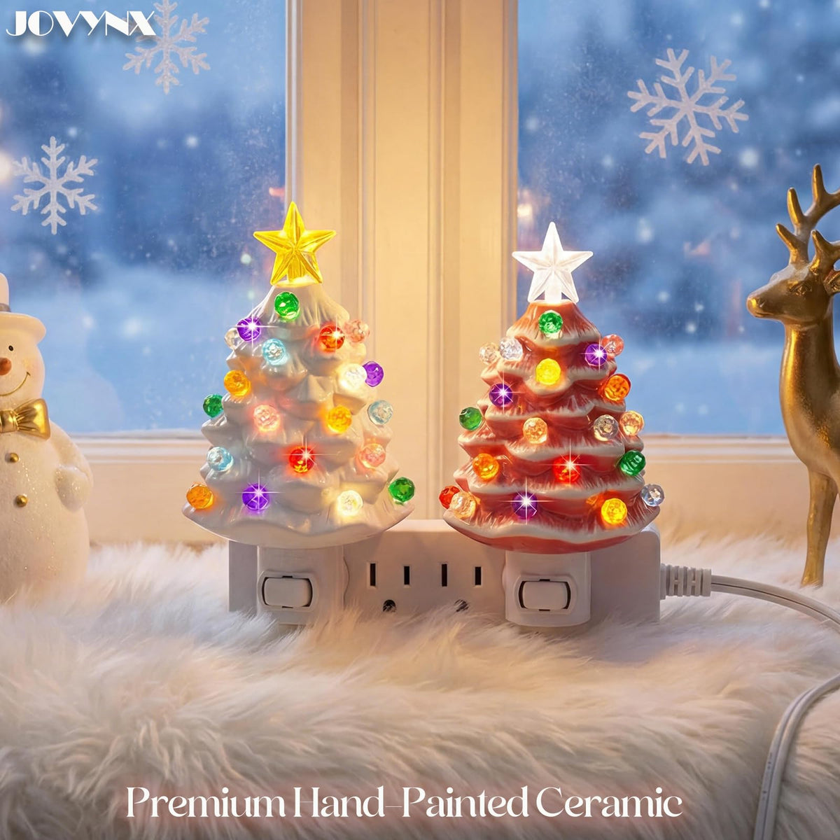 JOVYNX 2 Pack Christmas Ceramic Tree Night Light Plug in,360° Rotatable Nostalgic Xmas Day Night Light that Light Up,Pink White Retro Christmas Day Decor Nightlights