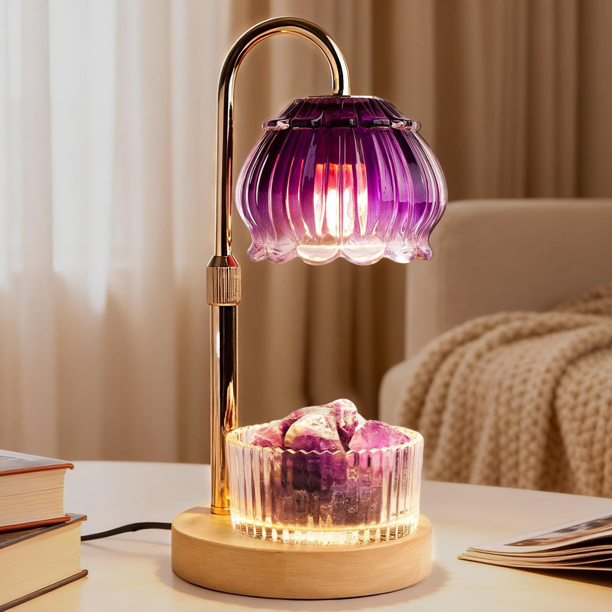 Candle Warmer Lamp with Dimmer & Timer, Adjustable Brightness & Temperature, 2/4/6H Timed, Natural Amethyst Crystals Essential Oil Diffuser & Melting Lamp for Scented Wax Melts, Home Decorative Gift