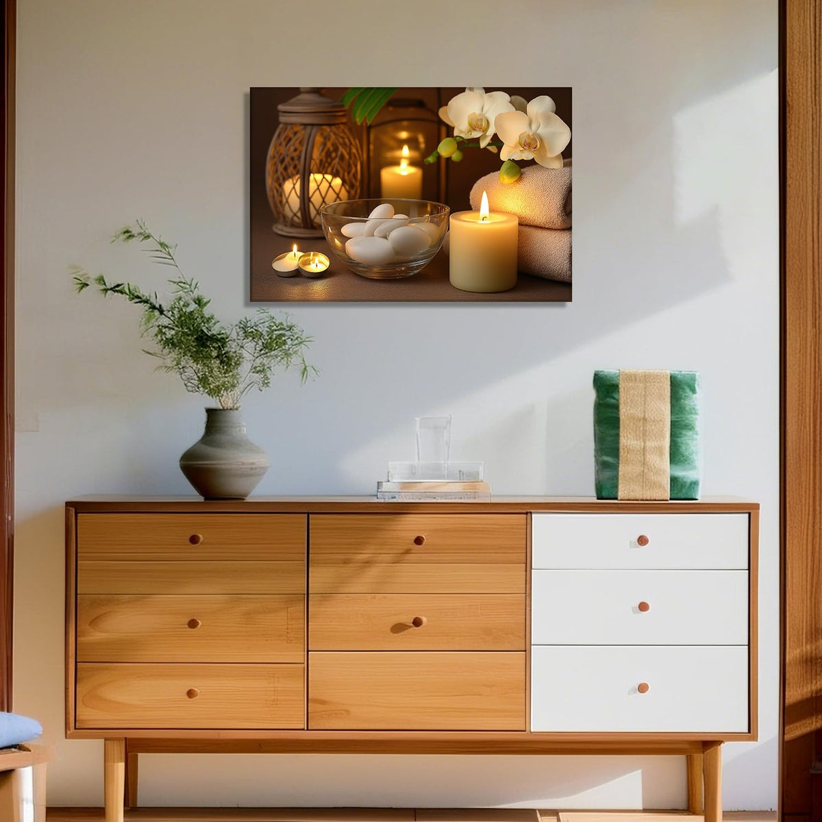 KPLUNDO Zen Canvas Wall Art - Candle with Spa Stones on Wood Table Picture Orchid Painting Prints Meditation Relax Artwork for Bathroom Yoga Spiritual Room Decor Frame(16.00x24.00 inch)