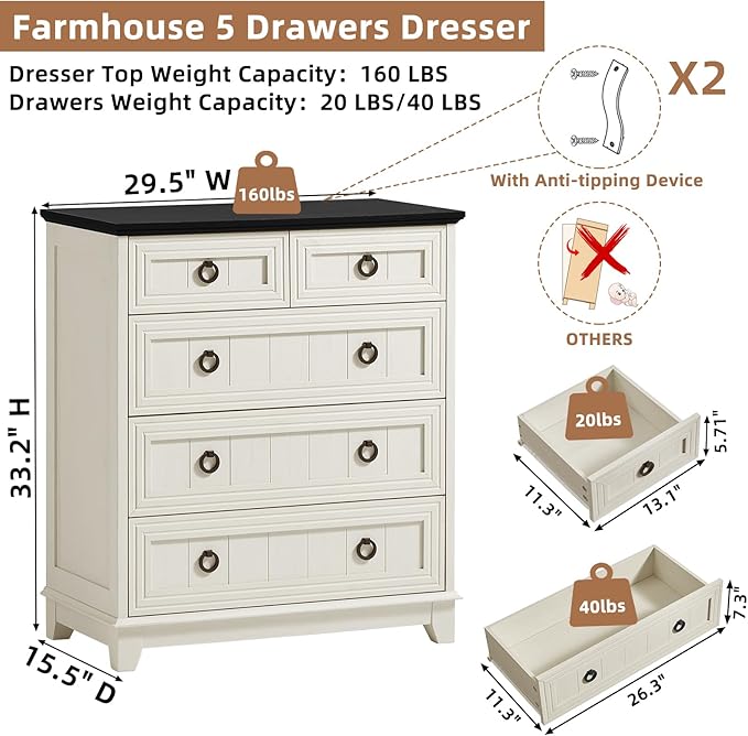 Joaxswe Farmhouse 5 Drawer Dresser
