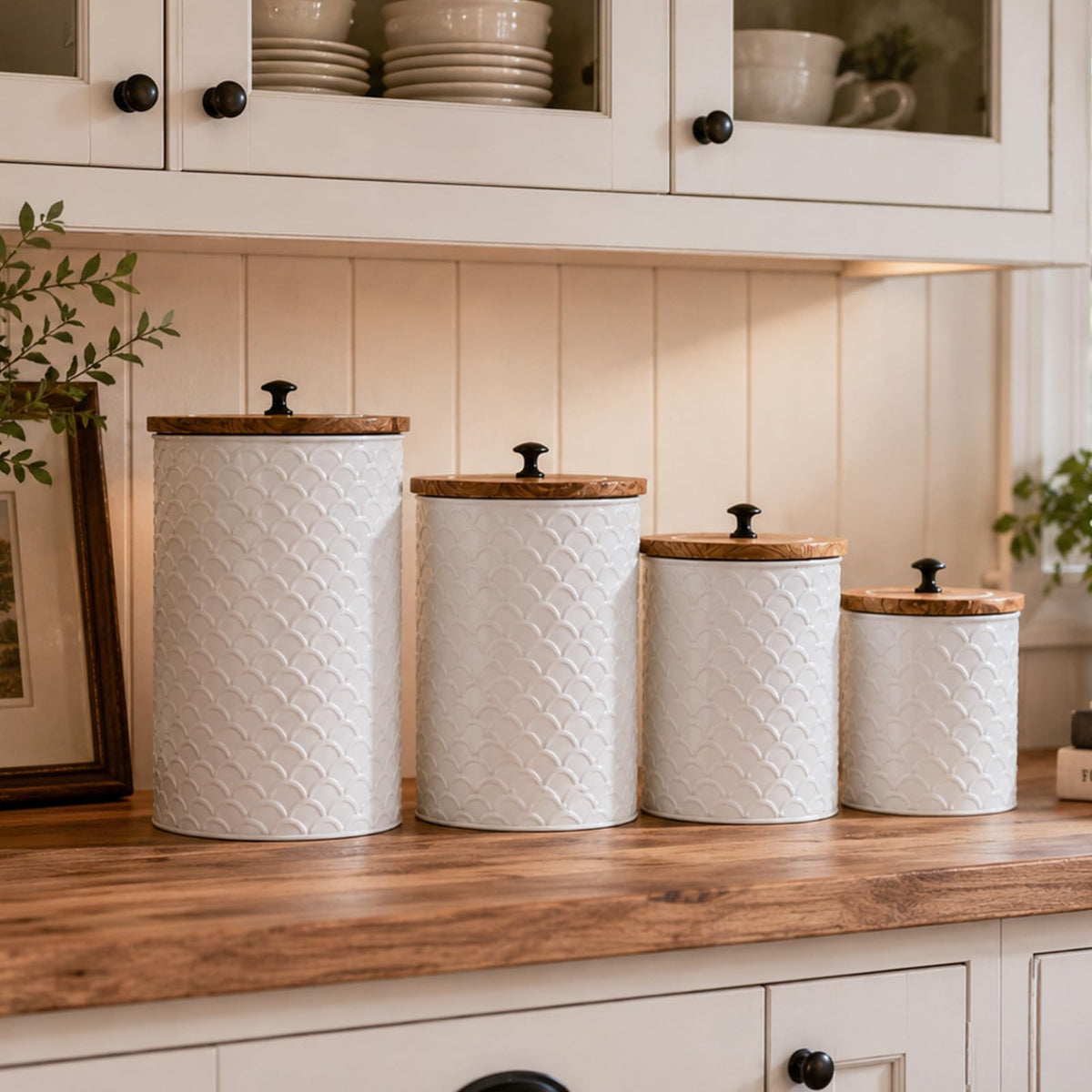 MODE HOME White Metal Kitchen Canister Set of 4 with Wooden Lids, Embossed Fish Scale Storage Containers for Coffee, Tea, Candy & Pet Treats, Farmhouse Decorative Food Jars