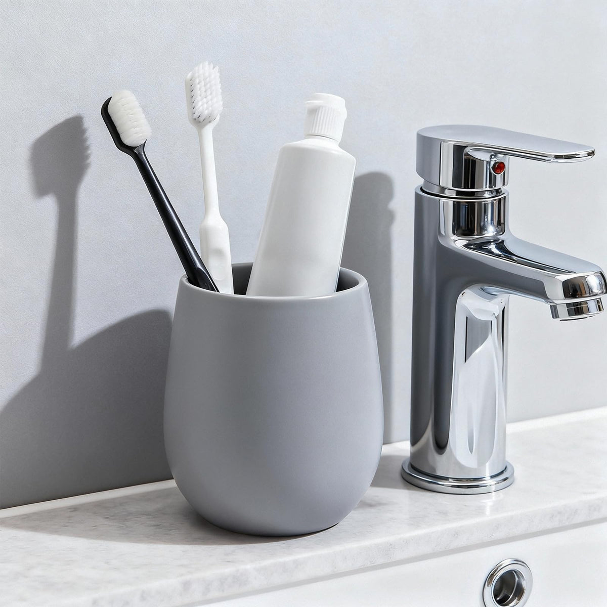 Grey Ceramic Toothbrush Holder - 11Oz Small Bathroom Tooth Brushing Holders, Reusable Mouthwash Cup, Toothpaste Holder, Makeup Brush Holder, Pen Holder for Bathroom Countertop, 1PC