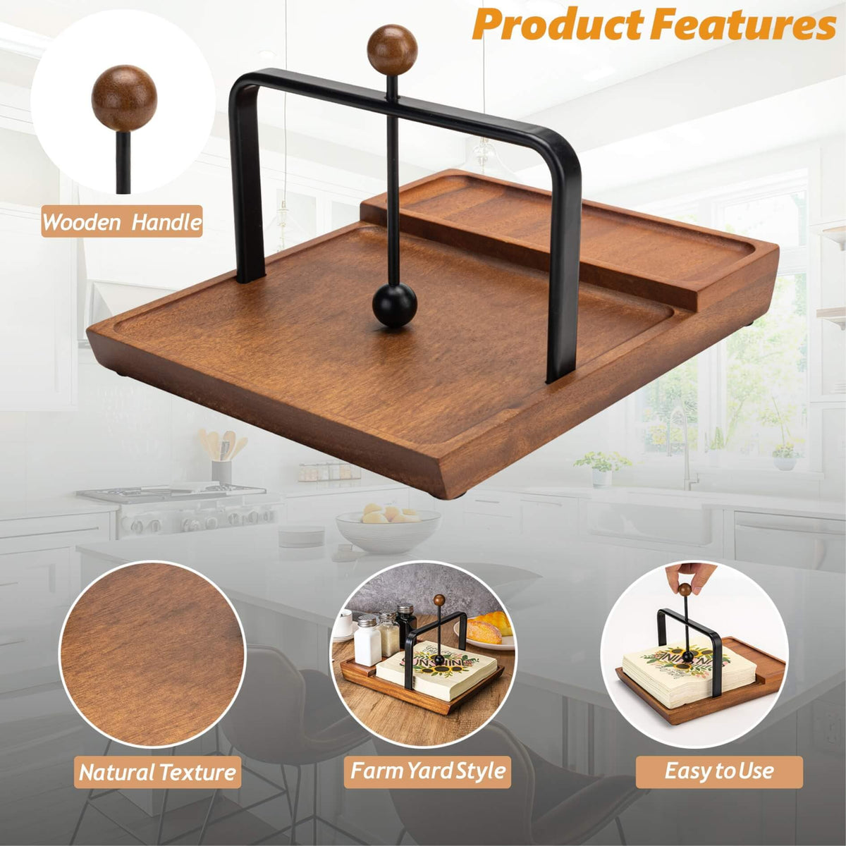 Black Wooden Napkin Holder, Multifunctional Farmhouse Napkin Holder for Table, Kitchen, Outdoor Use, Includes Space for Salt and Pepper Shakers (Seasoning Jar Not Included)