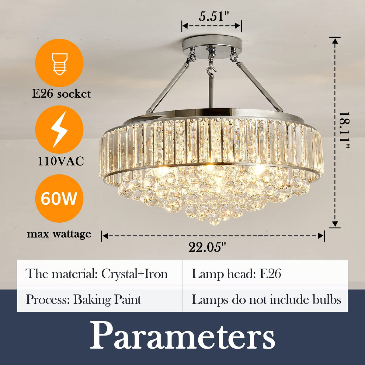 YYJLX 6 Light Modern Large Round Crystal Chandelier Chrome Semi Flush Mount Ceiling Light Fixtures E26 Ceiling Lamp for Dining Room Living Room Laundry Room Foyer Kitchen Balcony Bedroom(Silver).
