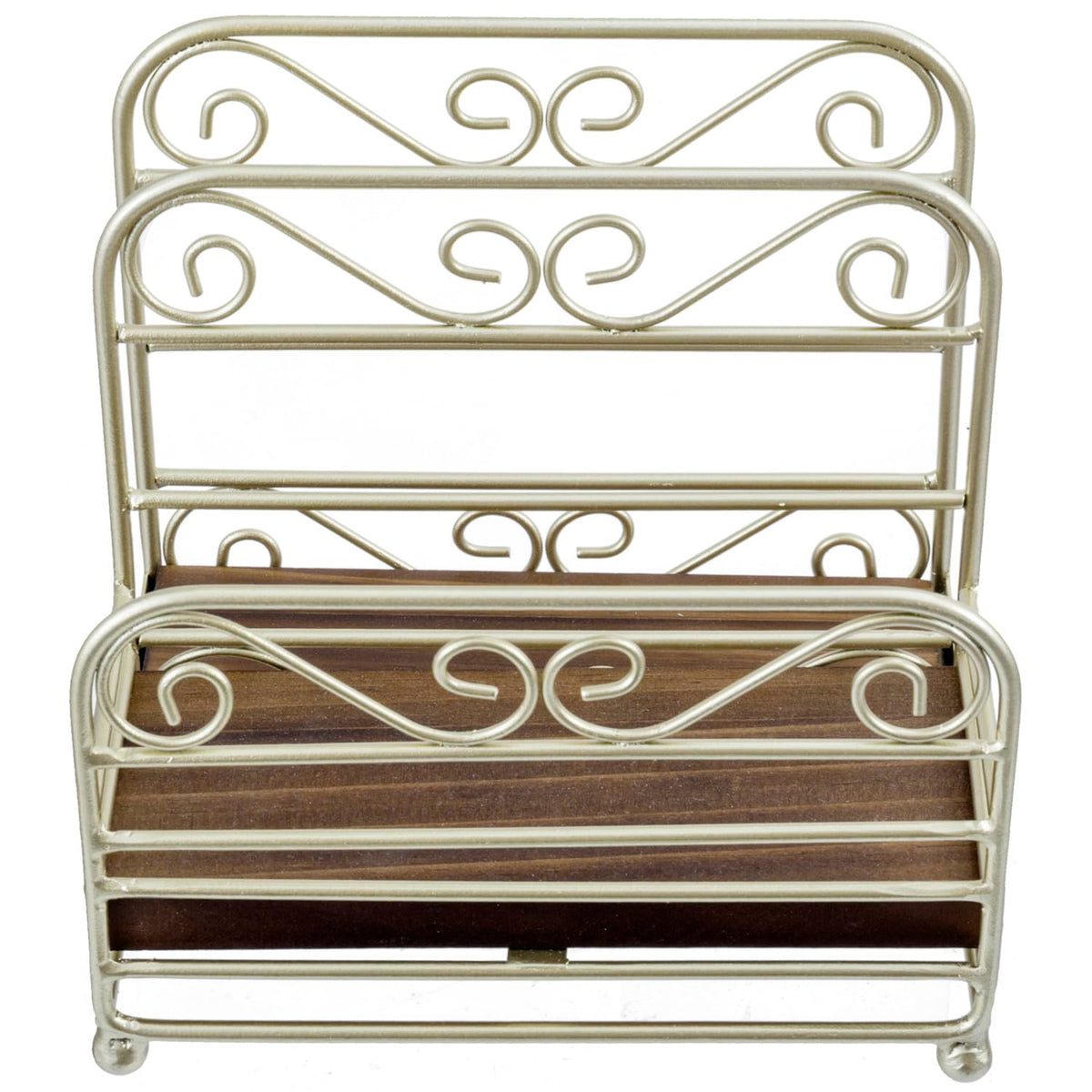 MyGift 2-in-1 Disposable Napkin and Salt & Pepper Caddy, Brass Tone Metal Vintage Scrollwork Dinner Table Paper Towel Condiment Holder with Rustic Burnt Solid Wood Base