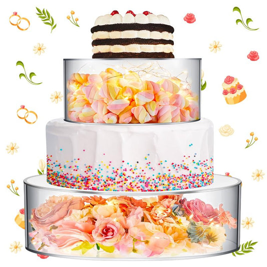 Sunnyray 2 Pcs Acrylic Cake Stands for Dessert Table Clear Fillable Cake Riser Cupcake Tier with LED Strings for Birthday Wedding Holiday Party Display(10", 14")
