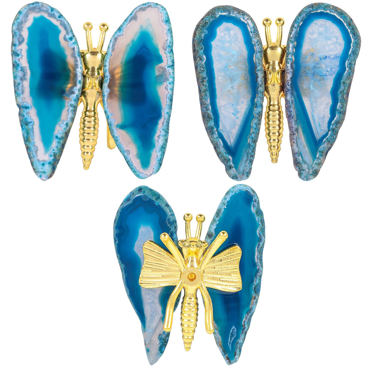 SUNYIK 2PCS Blue Agate Slice Butterfly Stand Figurine, Healing Stone Butterfly Wings Decor for Home Office Table Desktop