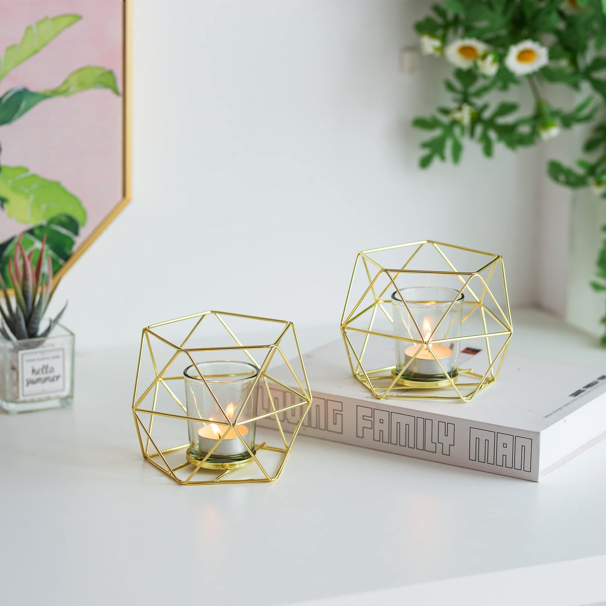Geometric Tealight Candle Holders Gold - Votive Candle Stand Accents for Tea Light Decorative for Home Table Shelf Mantel Modern Geo Decoration Christmas Wedding Reception Décor, Gold, 6pcs