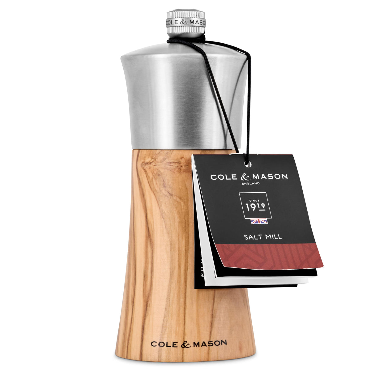 Cole & Mason Bromley Salt Mill, Ceramic Mechanism with Adjustable Coarseness, Olive Wood/Stainless Steel Salt Grinder, 150mm
