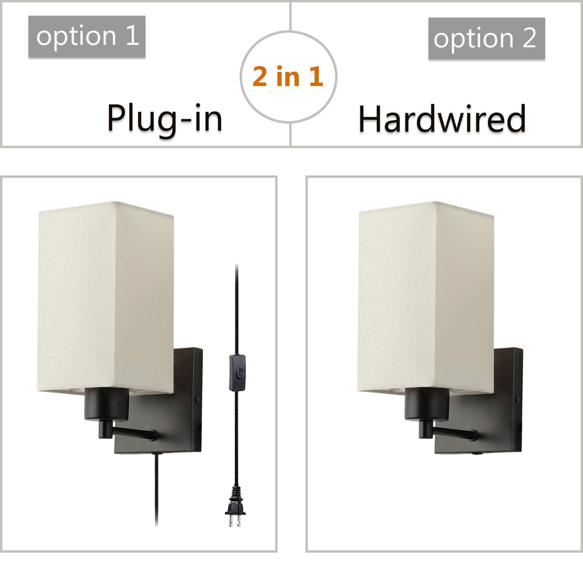 KOONTING® Plug in Wall Sconce Set of 2, Rustic Wall Lamp with Plug-in Cord and On/Off Toggle Switch, Beige Fabric Shade Wall Light Fixture for Headboard Bedroom Living Room Hallway