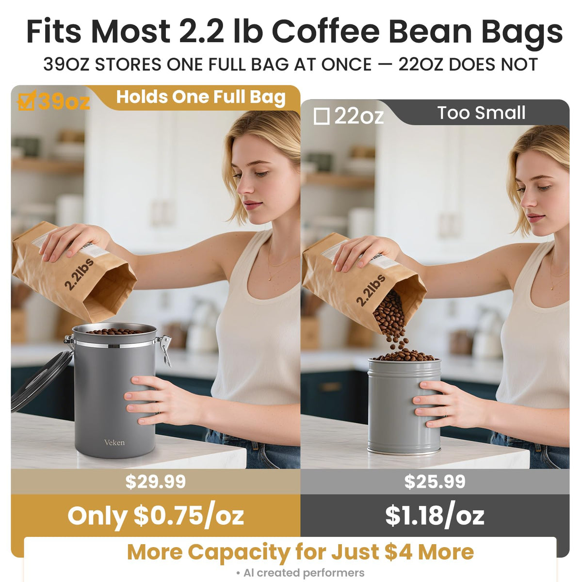 Veken Coffee Canister, 39OZ Large,Airtight Stainless Steel Food Storage Container for 2.2lbs Beans,Ground,Sugar,Espresso,Rice,Tea,Flour,Cereal,Cookie,Lids,Jars,Gifts,Scoop,Kitchen Bar Accessories,Gray