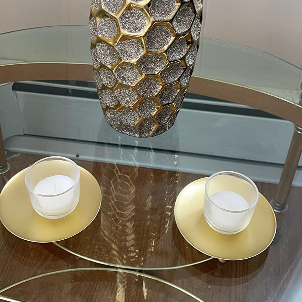 KEILEOHO 6 Pack Gold Candle Holders, 4.5 Inch Gold Iron Plate Candle Holder, Decorative Pillar Candle Plate Stand for Wedding Christmas Pillar Candles, Incense Cones, Wax Candles