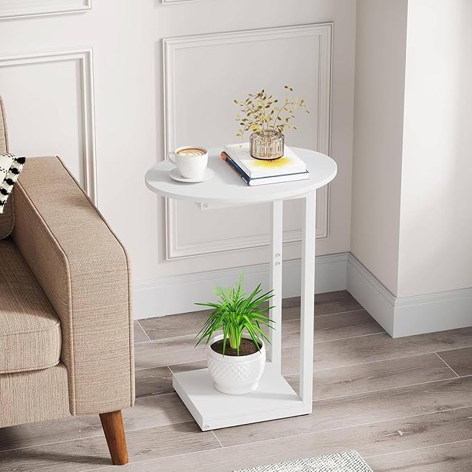 Hosfais Small Side Table End Table, C Shaped Oval Coffee Table, Wooden TV Tray