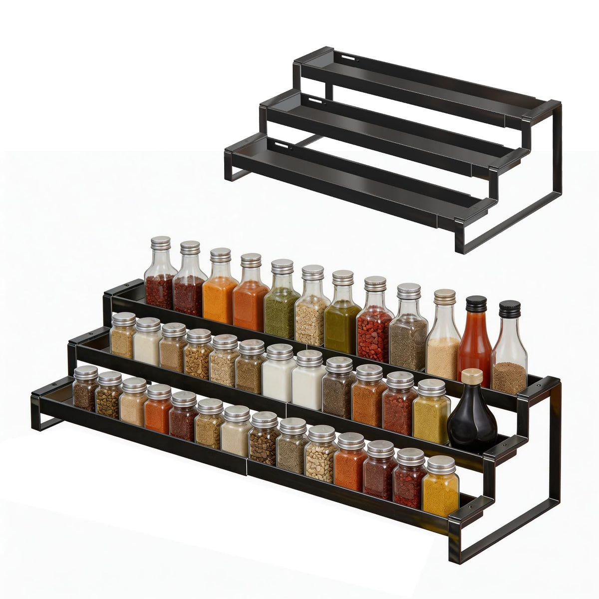 3 Tier Expandable Spice Rack Organizer, Heavy-Duty Black Metal Seasoning Organization Shelf for Cabinet, Kitchen & Pantry, Tiered Spice Shelf With Safety Lock, For Jars & Bottles, Countertop Storage