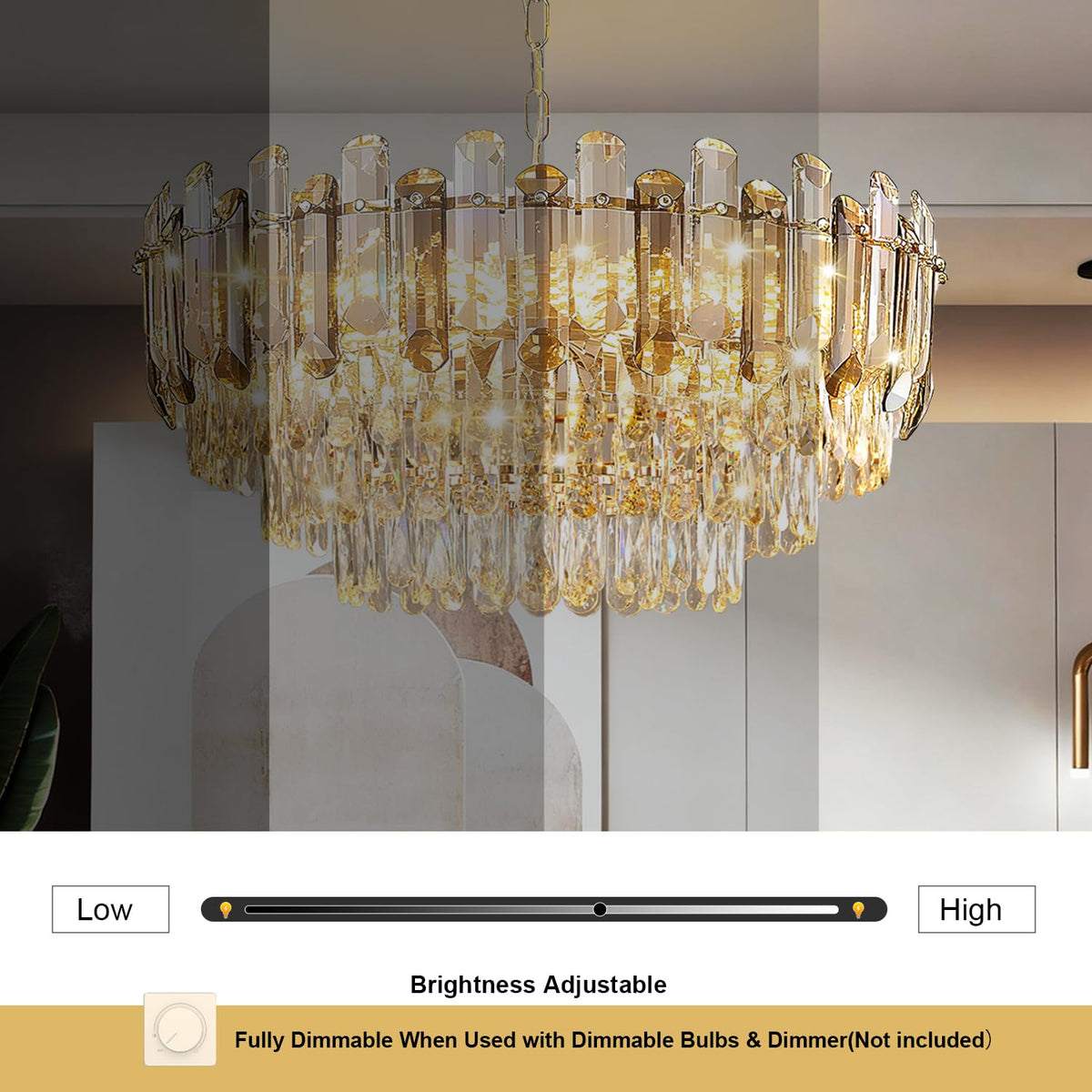Vodcrindax Gold Crystal Chandelier 24" 12-Light 4-Tier K9 Crystal Round Adjustable Pendant Light Modern Crystal Chandeliers for Dining Room Living Room Kitchen Island Bedroom Foyer Entryway